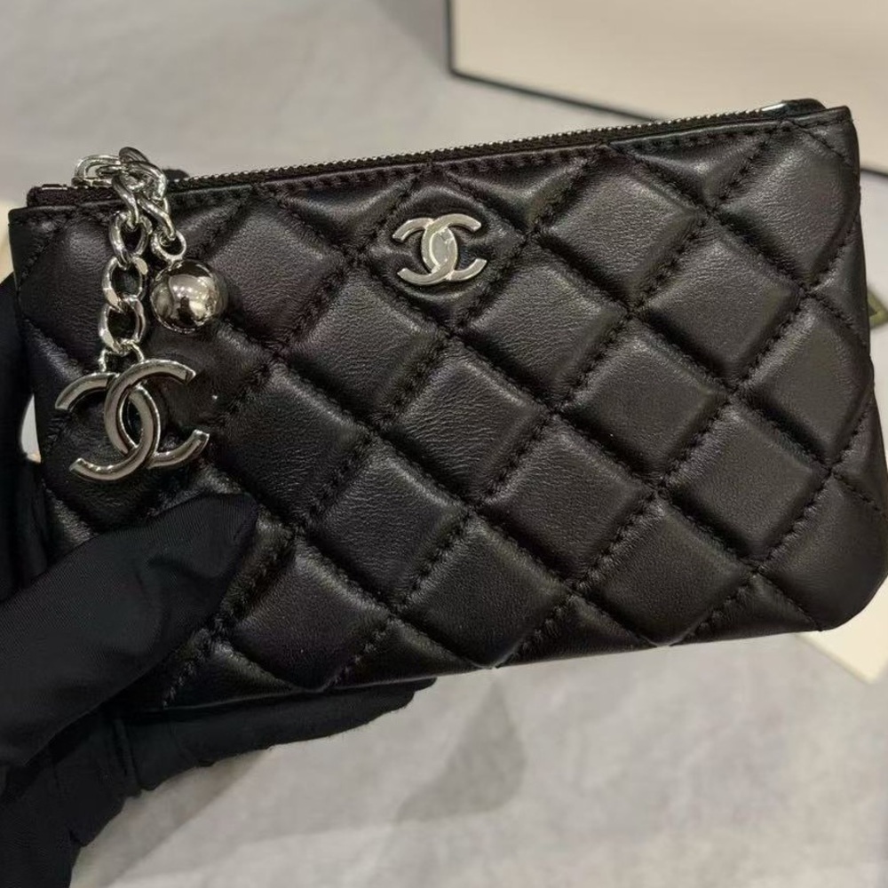 Chanel Black Quilted Lambskin Zip Pouch Coin Purse Card Holder Hardware With Box